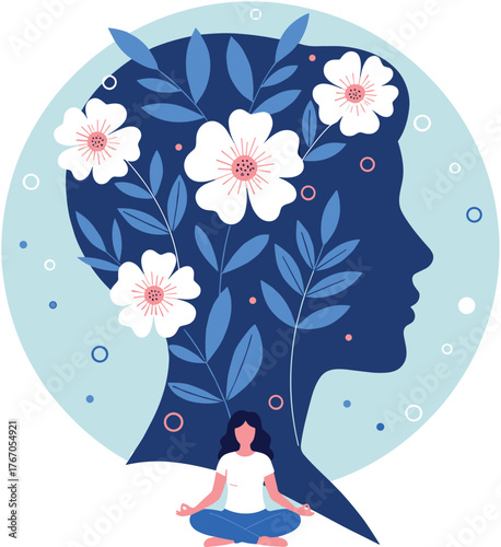 Mindfulness meditation illustration, mental health concept, nature head silhouette, wellness vector art, inner peace design, floral growth, calm balance, serenity