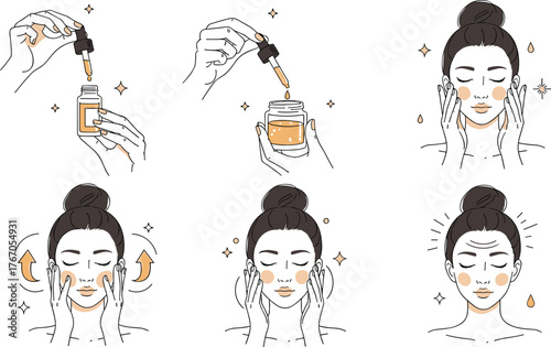 Skincare routine illustration, facial serum application, beauty treatment steps, self care process, glowing skin, cosmetic product usage, wellness, healthy lifestyle