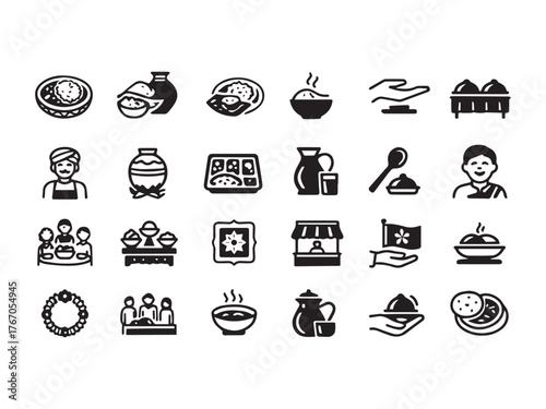 Indian South Asian Food and Culture Line Icons - Traditional Dining Cuisine and Festival Vector Set