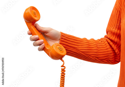 Woman holding an orange vintage telephone isolated on transparent background communication concept
