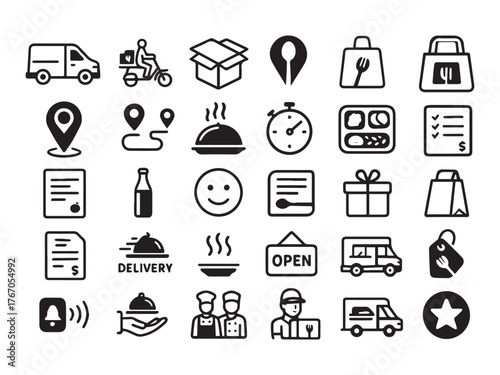 Online Food Order and Delivery Service Glyph Icons - E-commerce Logistics and Restaurant Vector Set