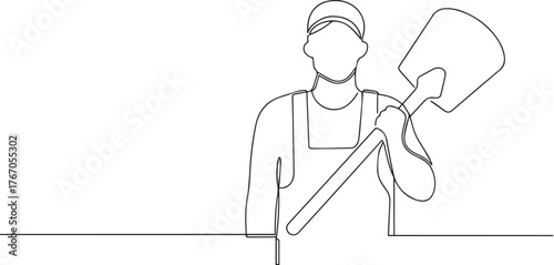Farmer holding shovel one continuous line art, Vector illustration, One line art, Line art graphic style