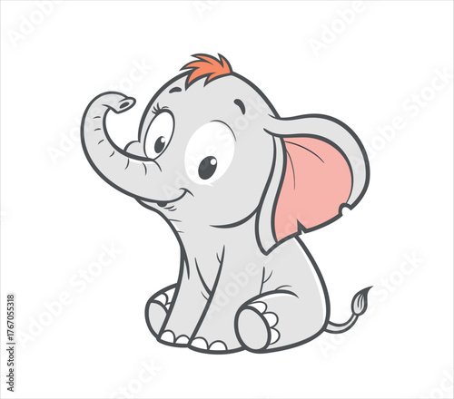 Vector art of a cute cartoon elephant sitting with its trunk raised, looking happy and friendly
