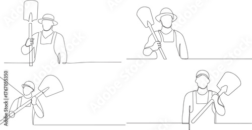 A group of  Farmer holding shovel one continuous line art, Vector illustration, One line art, Line art graphic style