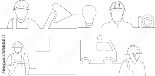 A group of Construction worker one continuous line art, Vector illustration, One line art, Line art graphic style