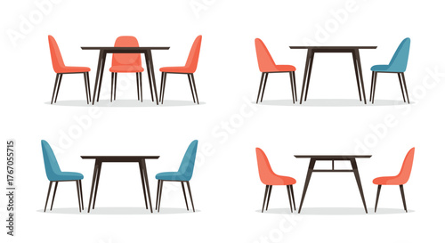 Four different arrangements of modern dining tables and chairs in various colors.