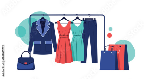 Clothing rack displaying a blazer, two dresses, pants, and shopping bags; vector illustration.