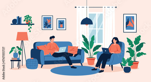 Two people working on laptops while relaxing in a modern living room with plants.