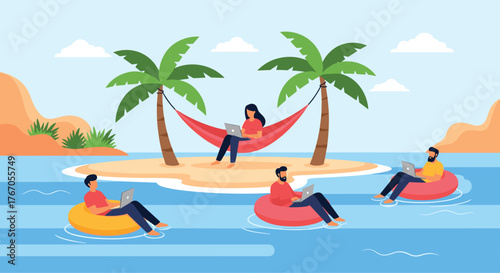 People working remotely on laptops while floating in the ocean and relaxing on a tropical island.