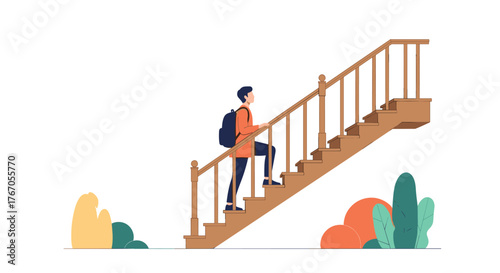 A person with a backpack ascends a wooden staircase, surrounded by stylized plants.