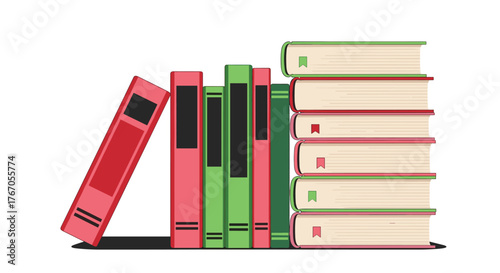 A stack of colorful books leaning against each other, some standing upright, others horizontal.