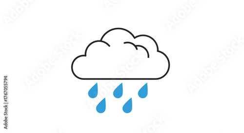 Simple illustration of a white cloud with black outline raining blue water drops.