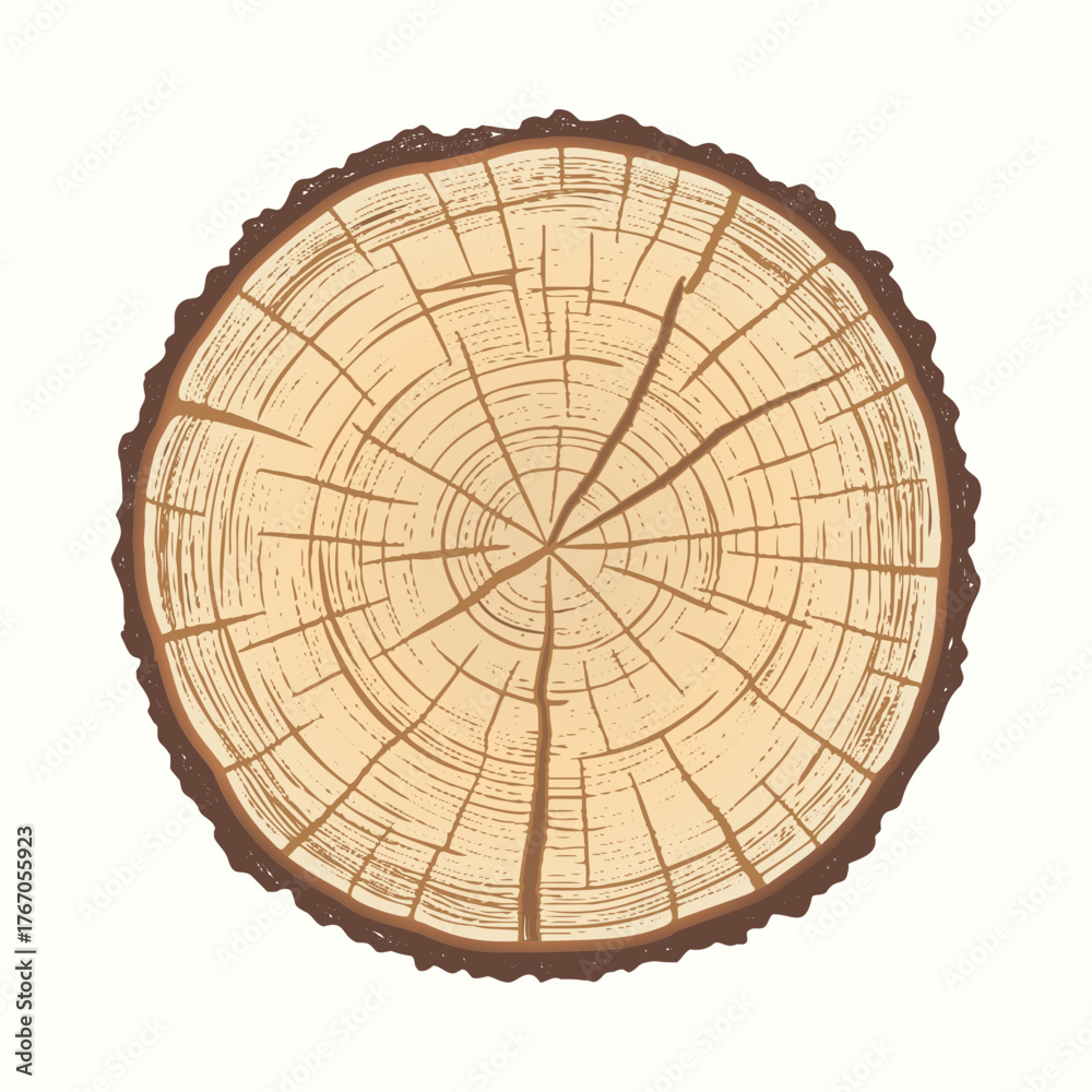 Fototapeta premium Cracked end of a wooden log. Vector illustration of tree cross section with cracks. Texture of tree annual growth rings. Detailed rough organic edges of the bark.