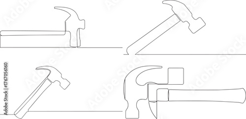 A group of  Hammer tool one continuous line art, Vector illustration, One line art, Line art graphic style