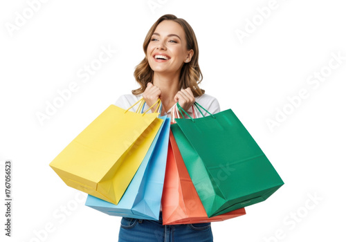 Smiling woman holding a lot of shopping bags, isolated on transparent background