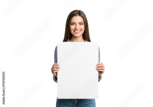 Smiling woman holding white blank poster board on a transparent background