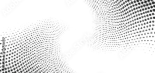 Black and white halftone wave pattern, dynamic audio pulse effect for branding, web design, music visuals, and digital advertising projects
