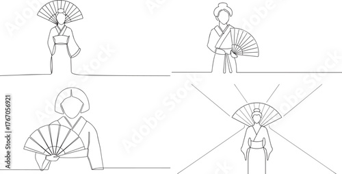 A group of Japanese geisha one continuous line art, Vector illustration, One line art, Line art graphic style