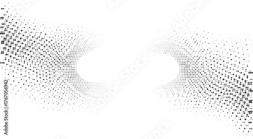 Abstract white halftone dot pattern design, fluid dynamic wave for modern audio visuals, web branding, music media, and digital advertising