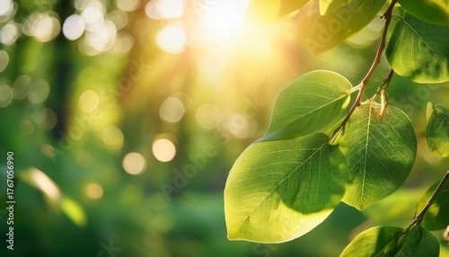 close up bokeh sinar matahari hangat yang bersinar melalui dedaunan hutan hijau