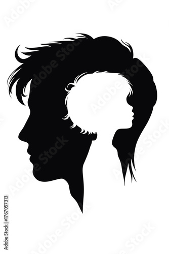 Silhouette of a man’s head with a child’s profile inside, symbolizing inner child, memory, trauma, and emotional healing. Minimalist psychological concept illustration.