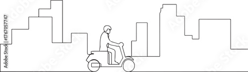 Man riding scooter one continuous line art, Vector illustration, One line art, Line art graphic style