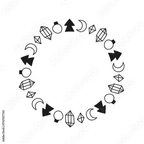 Cute Christmas wreath with fir tree, crescent moon, crystal and bauble isolated on white background. New year circle frame with celestial icons.
