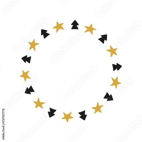 Cute Christmas wreath with fir trees and stars isolated on white background. New year circle frame with celestial icons.