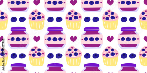 Seamless pattern with flat blueberry jam and cupcakes on white background.