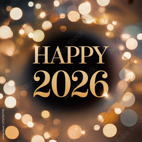 Sparkling golden lights illuminate happy new year 2026 celebration with festive bokeh.