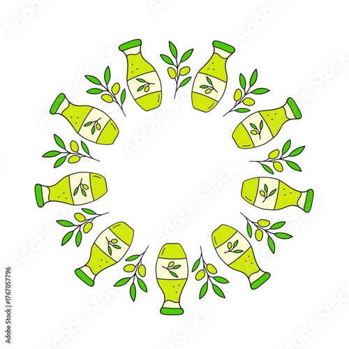 Cute round frame with doodle green olive twigs and oil in bottle isolated on white background.