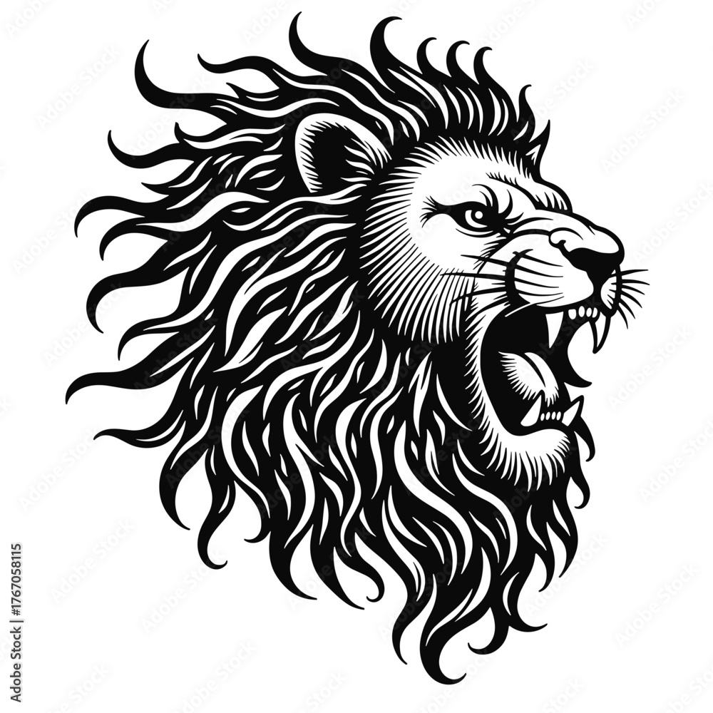 Obraz premium Fierce lion head roaring in intricate black and white design, tattoo concept