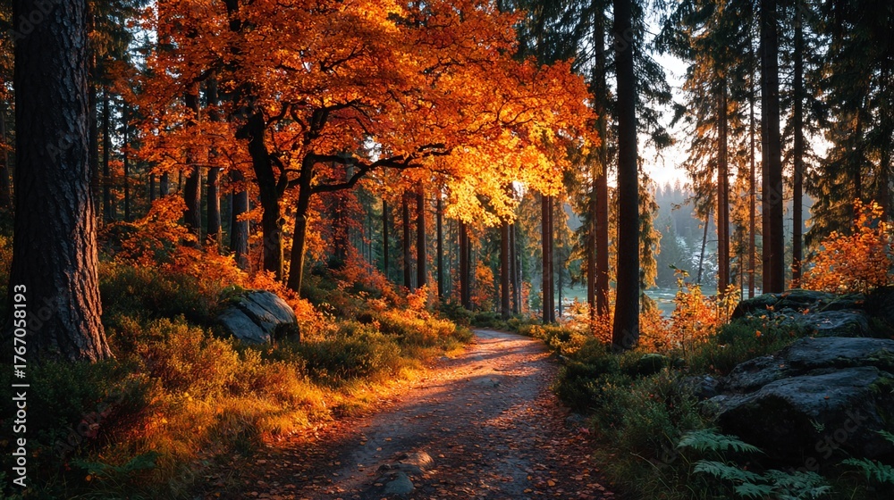 Obraz premium Golden autumn forest path bathed in warm sunlight, inviting exploration through vibrant foliage and towering trees