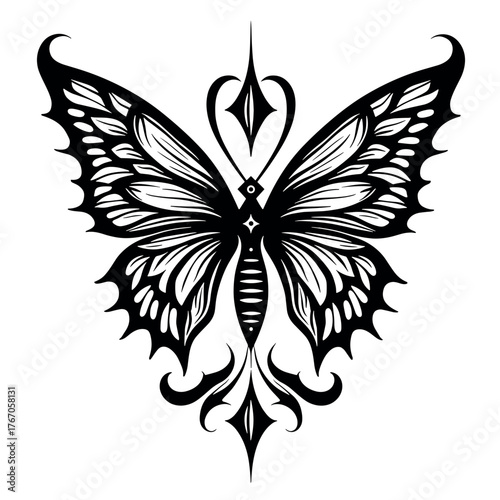 Intricate butterfly tattoo design with decorative elements and details  