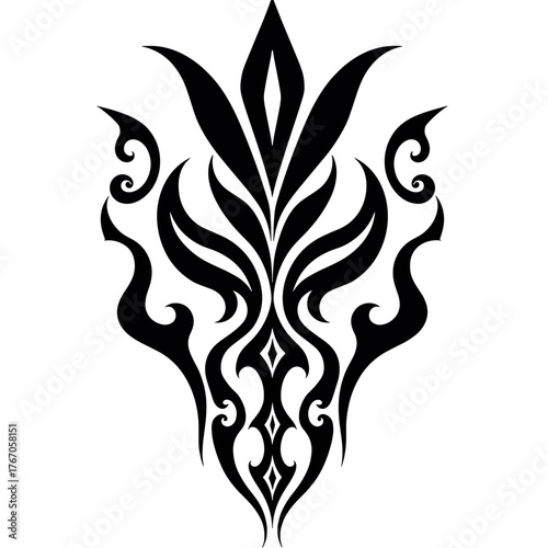 Tribal tattoo design with intricate black patterns and shapes  