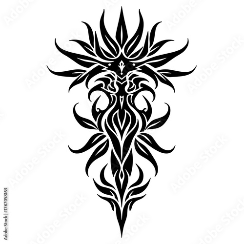 Black tribal tattoo design featuring intricate patterns and shapes  