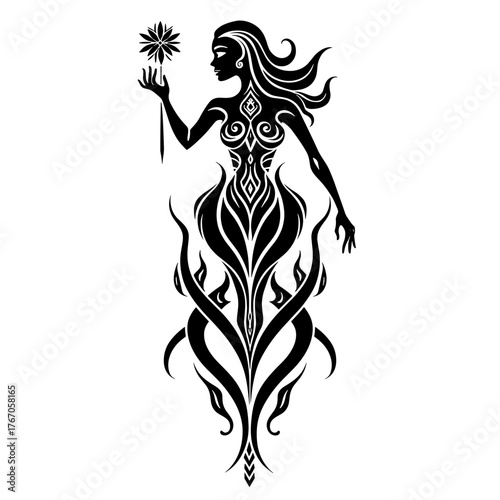 Woman silhouette with flower tattoo design in black and white  