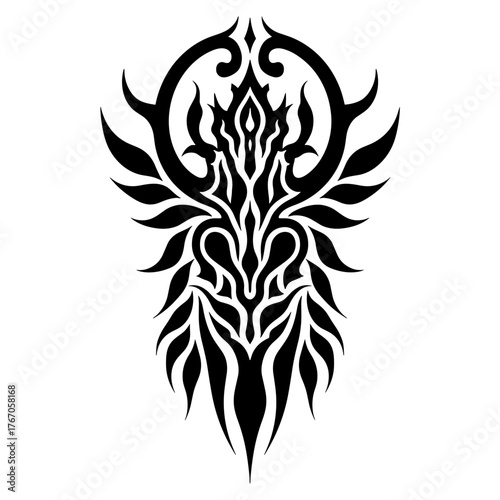 Tribal tattoo design in black with intricate patterns and symbolism  