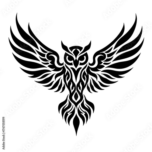 Tribal owl tattoo design with wings in black outline  
