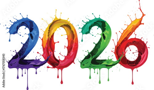Paint splash 2026 typography with dripping liquid colors, vibrant artistic digits for creative year visuals, abstract celebration design concept