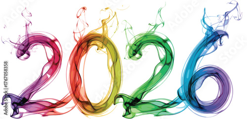 Colorful smoke 2026 typography with swirling wisps, vibrant translucent digits in motion for abstract creative year-themed celebration design