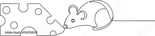 Mouse nibbling cheese one continuous line art, Vector illustration, One line art, Line art graphic style