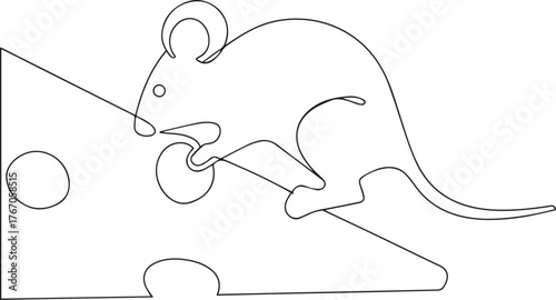 Mouse nibbling cheese one continuous line art, Vector illustration, One line art, Line art graphic style