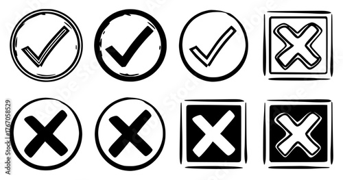 Collection of rustic hand-drawn check and x-mark icons with a textured, gritty style, versatile for user interface design, voting systems, checklists, and decision-making graphic applications