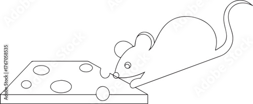 Mouse nibbling cheese one continuous line art, Vector illustration, One line art, Line art graphic style
