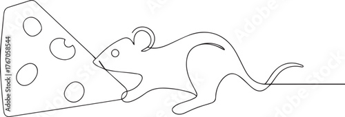Mouse nibbling cheese one continuous line art, Vector illustration, One line art, Line art graphic style