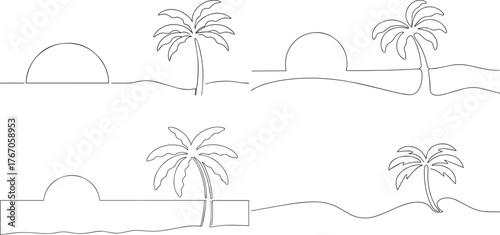 A group of Palm tree tropical one continuous line art, Vector illustration, One line art, Line art graphic style