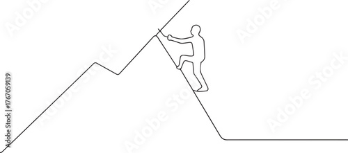 Person climbing mountain one continuous line art, Vector illustration, One line art, Line art graphic style