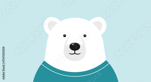 Cute cartoon polar bear wearing a teal sweater on a light blue background.
