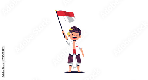 Young boy in traditional Indonesian attire proudly waves the red and white flag of Indonesia.
